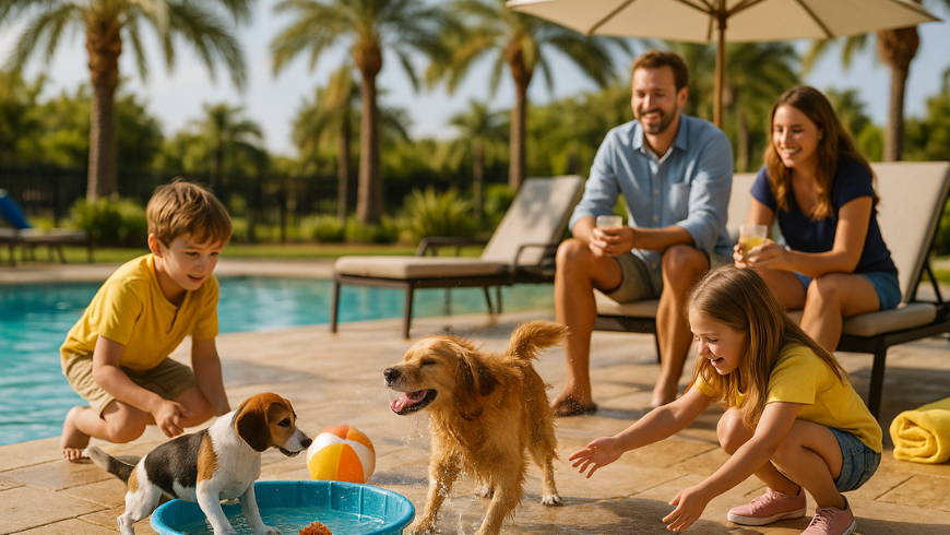 Famille voyageant avec des animaux de compagnie