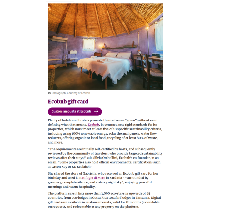 The Guardian recommande les cartes-cadeaux Ecobnb comme meilleurs cadeaux de Noël durables