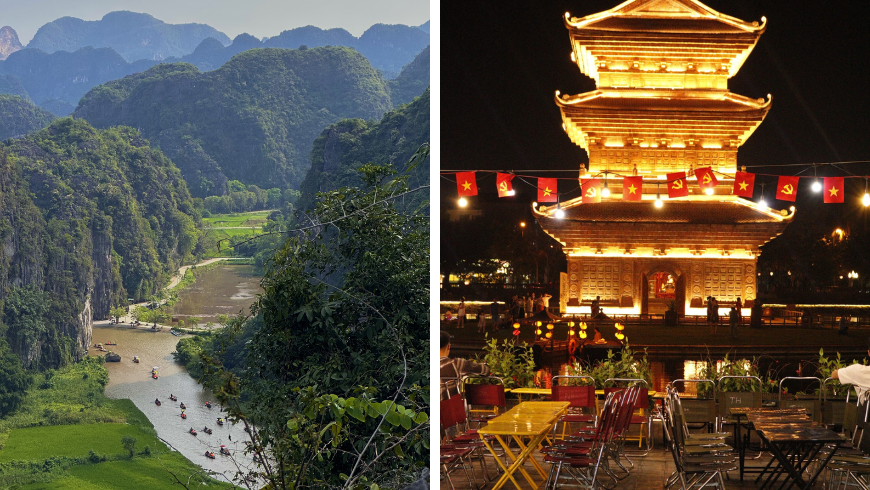 Rivière Ninh Binh et montagnes. Temple de nuit et chaises de restaurant au Vietnam.