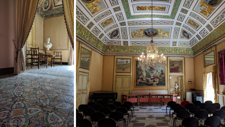 revêtements de sol en céramique et fresques à l'intérieur du Palazzo Spadaro