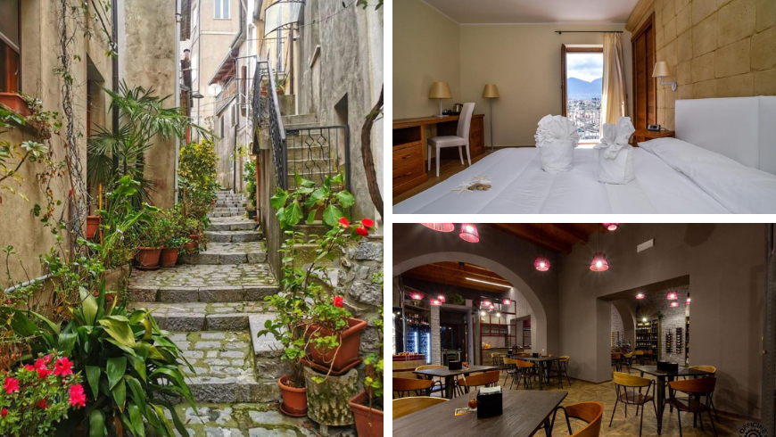 chambre d'hôtel et escalier avec des plantes, Borgo Ospitale, un exemple d'hospitalité répandue à Rotonda