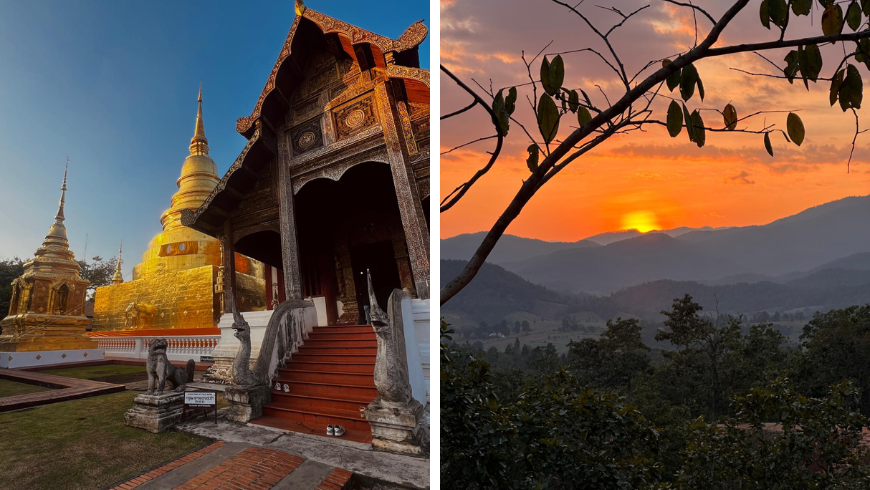 Temple à Chiang Mai et coucher de soleil dans les montagnes de Pai