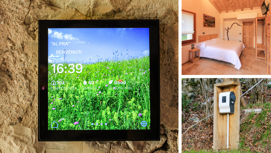 Agritourisme durable Cargodor de Ron: thermostat pour économie d'énergie, chambre, borne de recharge pour voiture électrique