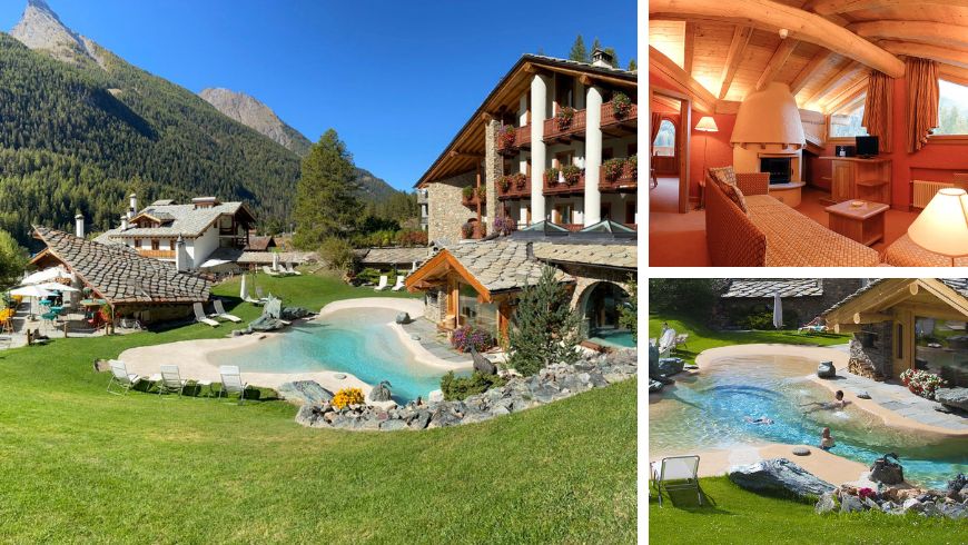 piscines et intérieur avec structure en bois et cheminée