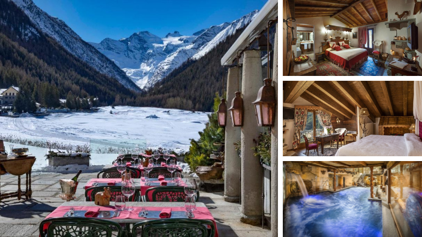 terrasse avec vue sur les montagnes enneigées, piscine intérieure et chambres
