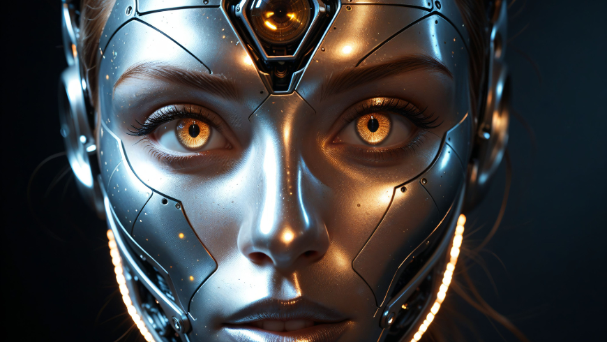 Visage d'intelligence artificielle symbolisant la conscience de l'impact environnemental et des choix durables.