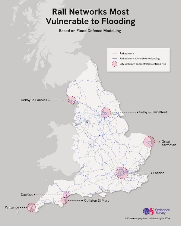 Fig. 2. Les réseaux ferroviaires identifiés comme traversant les limites d'inondation les plus à risque en Angleterre, avec un risque d'inondation de 1 sur 1 000, ce qui tient compte de l'impact des défenses.