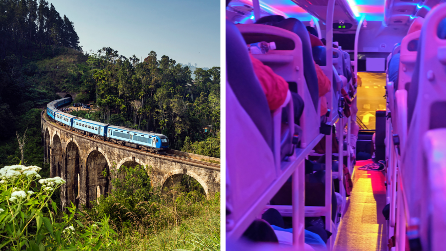 Train touristique du Sri Lanka et bus-lits avec lumière violette. La nuit.