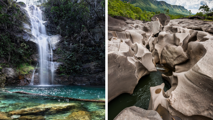Cascade claire et bleue à Chapada dos Veadeiros. Formation rocheuse de Vale da Lua