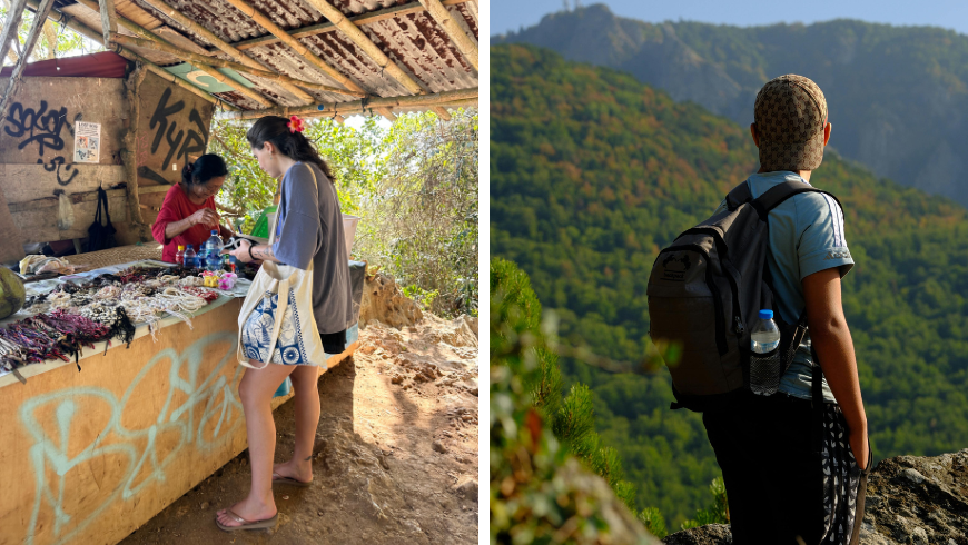 Femme transportant un sac réutilisable pour faire du shopping en Asie Jeune routard explorant la nature sauvage des montagnes