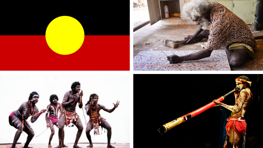 Drapeau aborigène australien, culture, danse, spectacle et peinture aborigènes