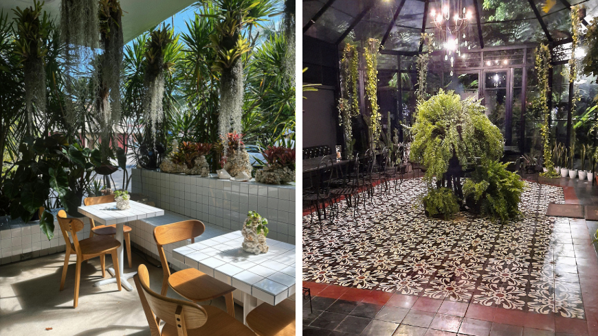 Café tropical en plein air avec un décor moderne et un intérieur confortable de café Green House 