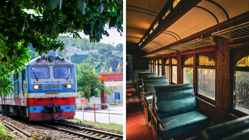 Voyage en train panoramique à Hue, Vietnam et intérieur de voiture de train vintage avec fenêtres éclairées par le soleil
