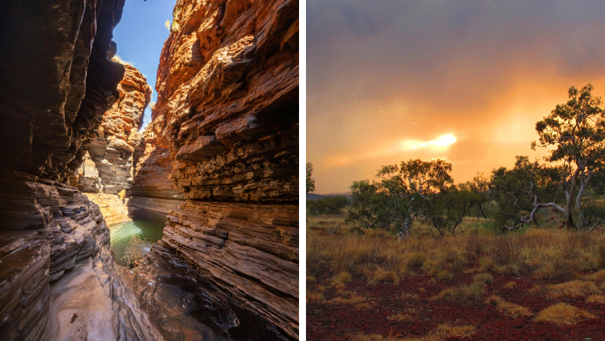 Gorges de grès spectaculaires dans le parc national de Karijini et heure du coucher du soleil dans le parc national de Karijini, Australie occidentale