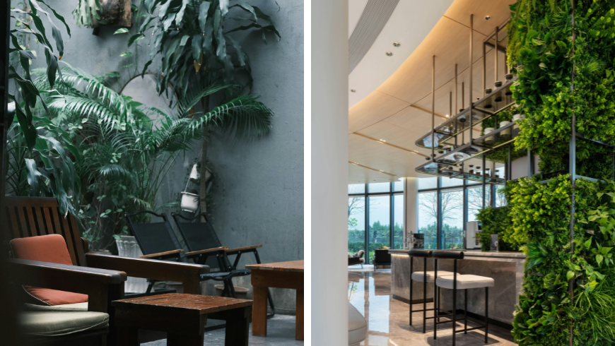 Salon de jardin intérieur avec plantes tropicales et espace intérieur élégant avec jardin vertical