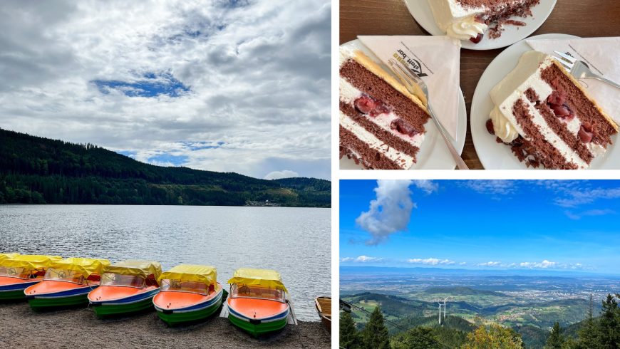 Galerie de trois images : à gauche, un paysage nuageux sur le lac Titisee avec des bateaux colorés ; à droite, une photo de trois tranches de Schwarzwälder Torte et une photo du paysage dans les collines près de Fribourg