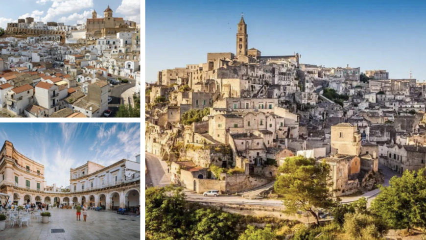 Vues panoramiques sur les vieilles villes de Matera, Pisticci et Martina Franca