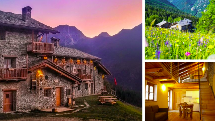 Sagna Rotonda en Italie : vue de la maison au coucher du soleil entourée de nature et de montagnes, et photos intérieures.