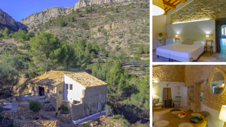 Finca Eco-Vida en Espagne : photos de la maison vue de l'extérieur entourée de montagnes, de la chambre et de la salle à manger.