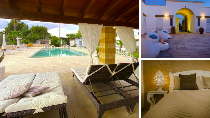 Tenuta Flora Maria en Italie : Photos du jardin avec piscine creusée et de la chambre. 