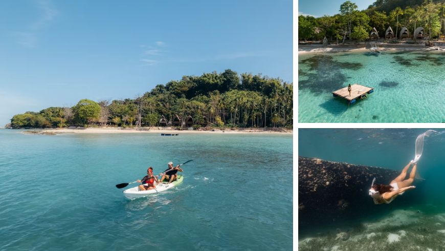 kayak, plongée en apnée sur une île dans le nord de Palawan, Philippines