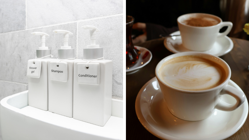 Bouteilles rechargeables de shampoing, revitalisant et gel douche dans les hôtels. Cafés 