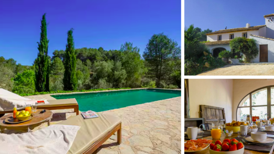 Rifugio Marnes en Espagne : photos de la maison vue de l'extérieur, de la piscine creusée et de la table du petit déjeuner.