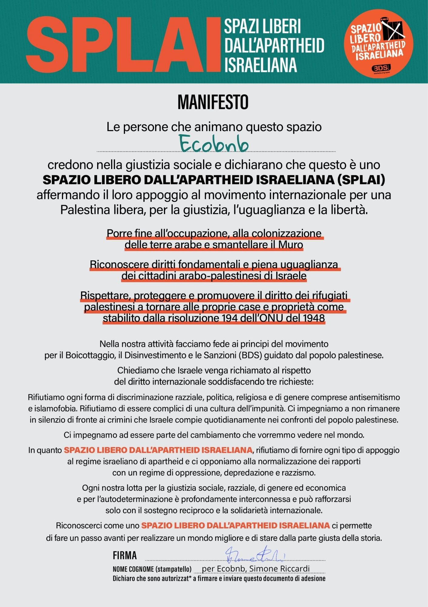 Manifeste du SPLAI, signé par Ecobnb