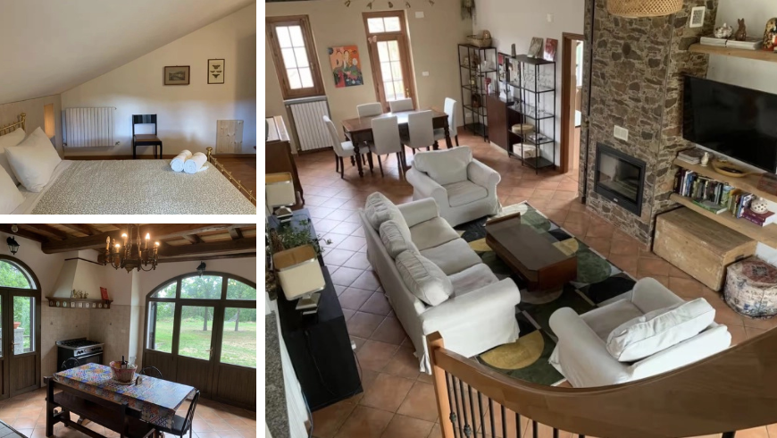 Intérieurs du chalet avec grand séjour, diverses chambres et cuisine avec vue