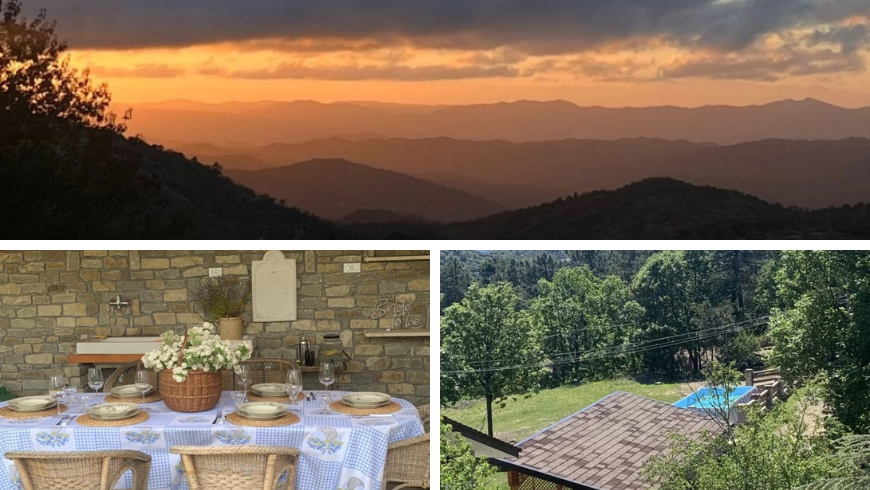 Vue depuis Mountain House avec coucher de soleil, table dressée avec fleurs de jardin et jardin avec piscine