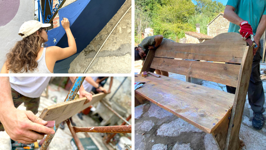 Récupération de matériaux pour créer des bancs et bien plus encore, et art sur les escaliers du chalet