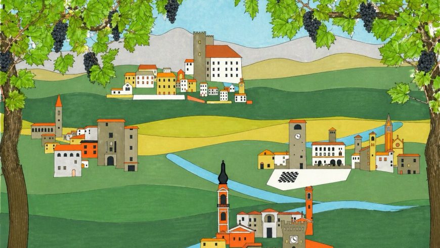 Affiche illustrative de l'étape de Valle Panaro, avec des arbres et une rivière qui traverse les différents villages de la vallée