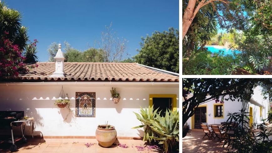 A gauche photo de Casa Amarela, à droite photo de la piscine entourée par la nature et photo de casa amarela sous un autre angle