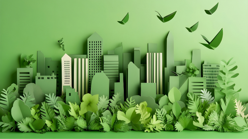 Illustration de style papier simplifié représentant un mélange de toits de villes vertes