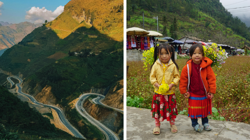Route pittoresque et sinueuse à travers les montagnes de Hà Giang et enfants en costume traditionnel au marché de Ha Giang