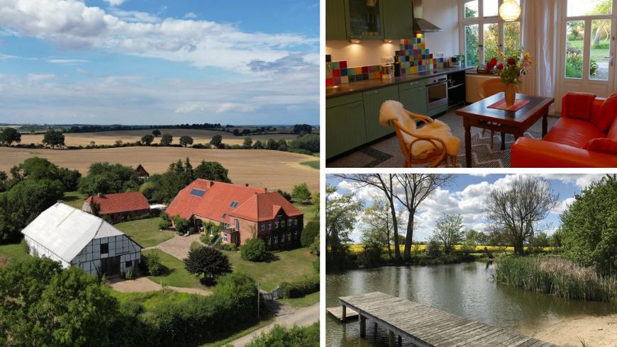 Maisons immergées dans une étendue de champs, lac et intérieur de maison