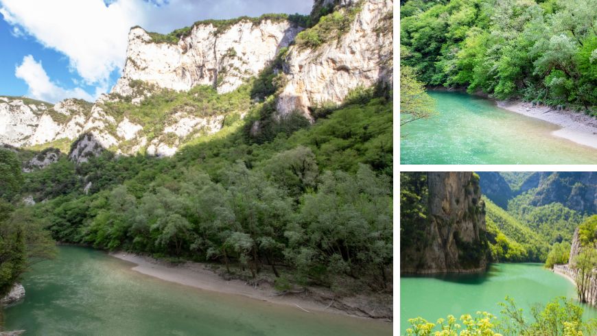 Collage de trois images des gorges du Furlo dans la région des Marches, avec des falaises rocheuses, des sentiers panoramiques et la rivière Candigliano qui traverse la réserve naturelle.