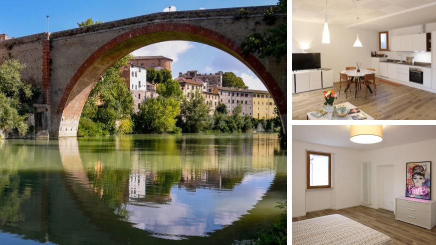 Collage de l'appartement écologique Torricelli 15 à Fossombrone avec des intérieurs confortables, des détails de mobilier durables et des espaces lumineux dans le centre historique de la région des Marches.