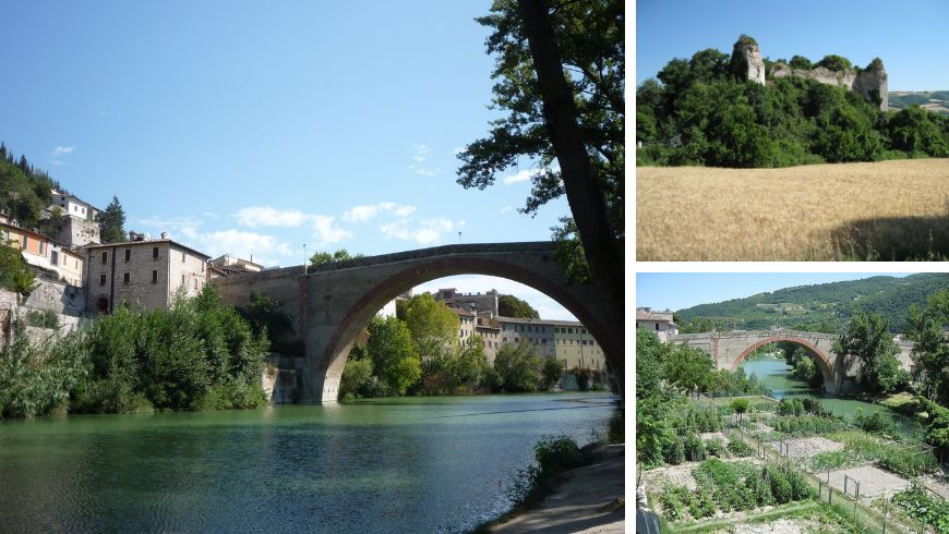 Collage de Fossombrone dans la région des Marches avec le pont sur la rivière Metauro, les jardins le long de la rivière et la forteresse Malatesta.