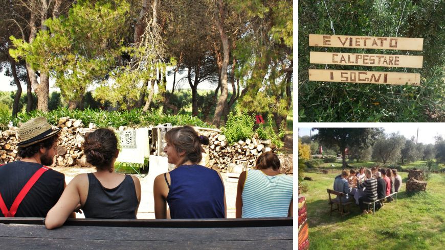 Groupe de personnes se détendant dans la verdure du séjour à la ferme Piccapane dans le Salento, avec une table dressée sur l'herbe et la phrase « Les rêves ne doivent pas être piétinés ».