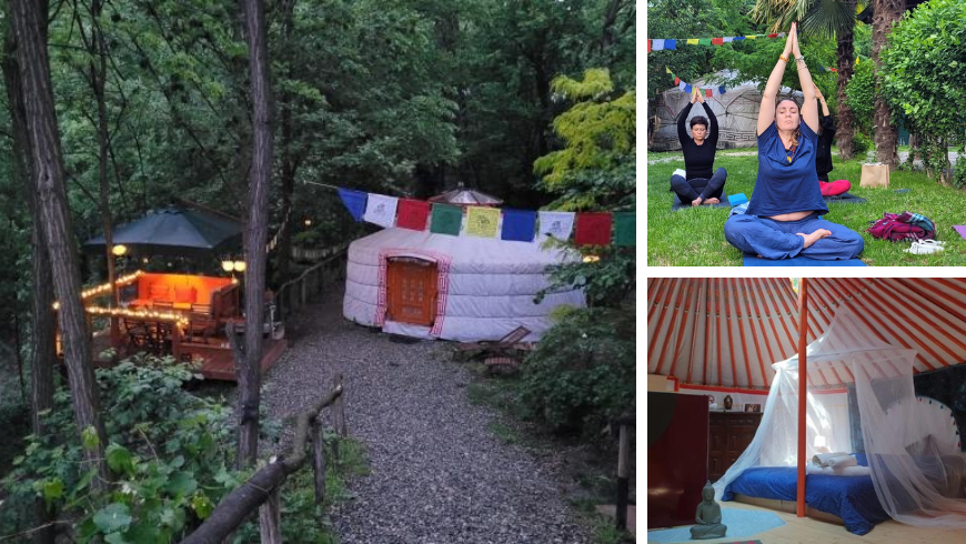 tentes et yourtes dans les bois et activité de yoga