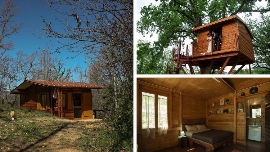 maison dans les bois et cabane dans les arbres avec l'intérieur