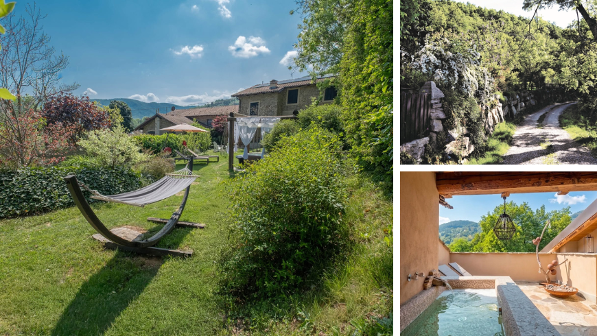 jardin des maisons, balcon avec petite piscine et sentiers