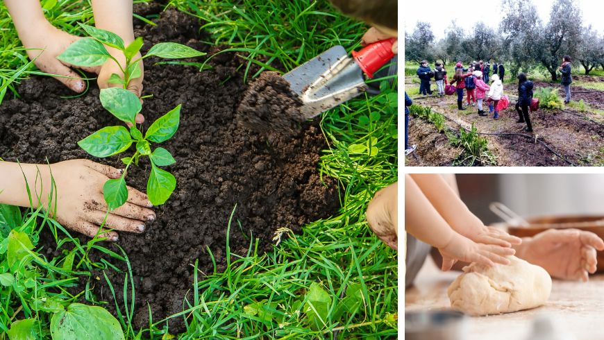Enfants travaillant dans le jardin et dans la cuisine