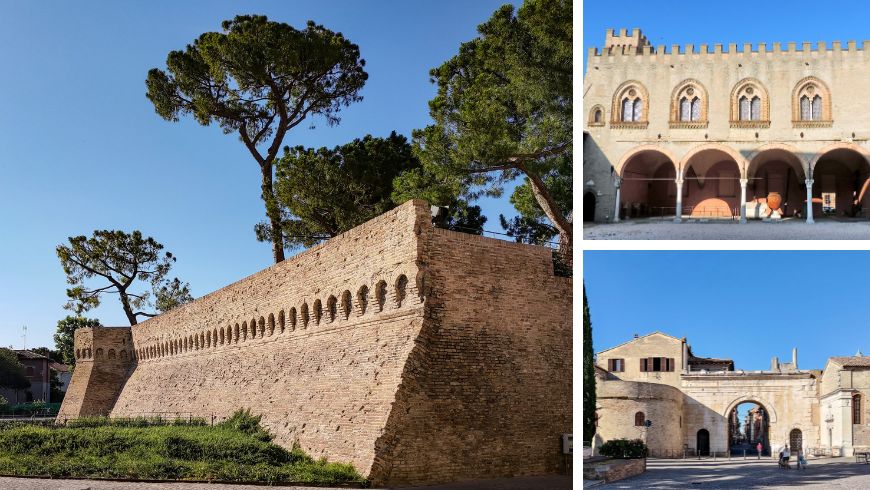 Collage de Fano représentant les anciens remparts de la ville, l'Arc romain d'Auguste et le palais Malatesta dans le centre historique de la région des Marches.