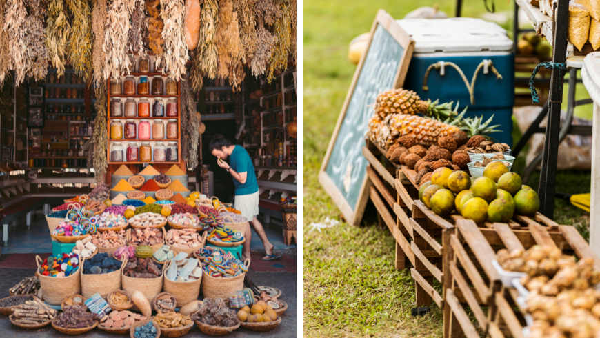 Homme en chemise bleue à l'intérieur d'un magasin local Marché local avec fruits et légumes