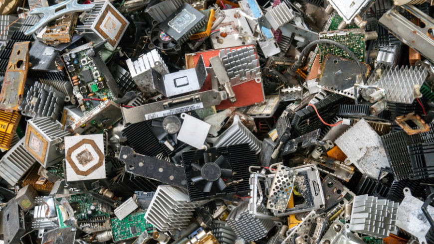 Tas de déchets électroniques avec des appareils mis au rebut tels que des smartphones et des ordinateurs, symbole de pollution technologique et de recyclage des terres rares.