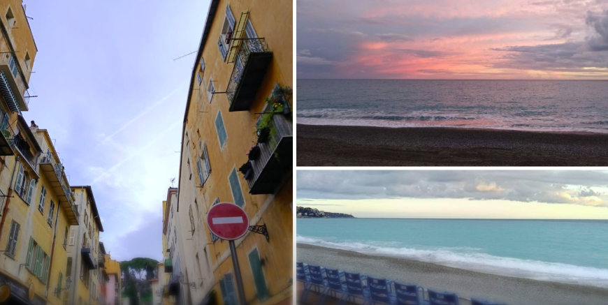 Photos des ruelles colorées de la vieille ville, du coucher de soleil sur la Baie des Anges et des célèbres chaises bleues de la Promenade des Anglais