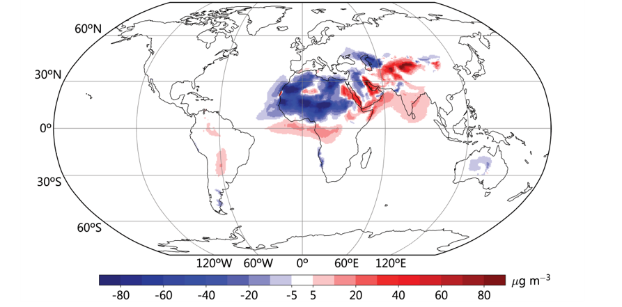 Anomalie de la concentration moyenne annuelle de poussières en surface (en μg m–3) en 2025 par rapport à la moyenne 1981-2010
