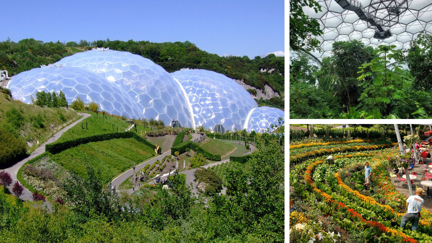 Collage montrant l'Eden Project à Cornwall, comprenant une vue aérienne de ses biomes, du dôme intérieur de la forêt tropicale et des jardins extérieurs avec un café, une ancienne carrière d'argile transformée en destination écotouristique